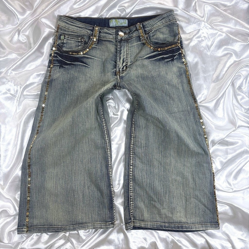y2k Crest Sequin Capri Jeans Blue Wide Leg gaucho Cropped Denim Pants 11